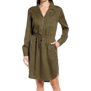 Caslon Olive Green Utility Shirt Dress Long Sleeve Popover Drawstring Waist